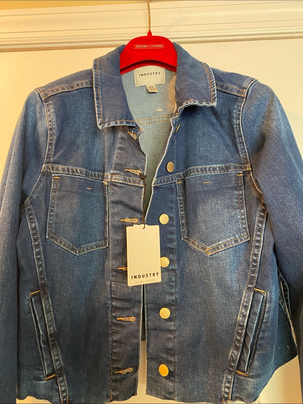 Industry Republic Clothing Cotton Stretch Dark Blue Gold Logo Button Jacket NWT